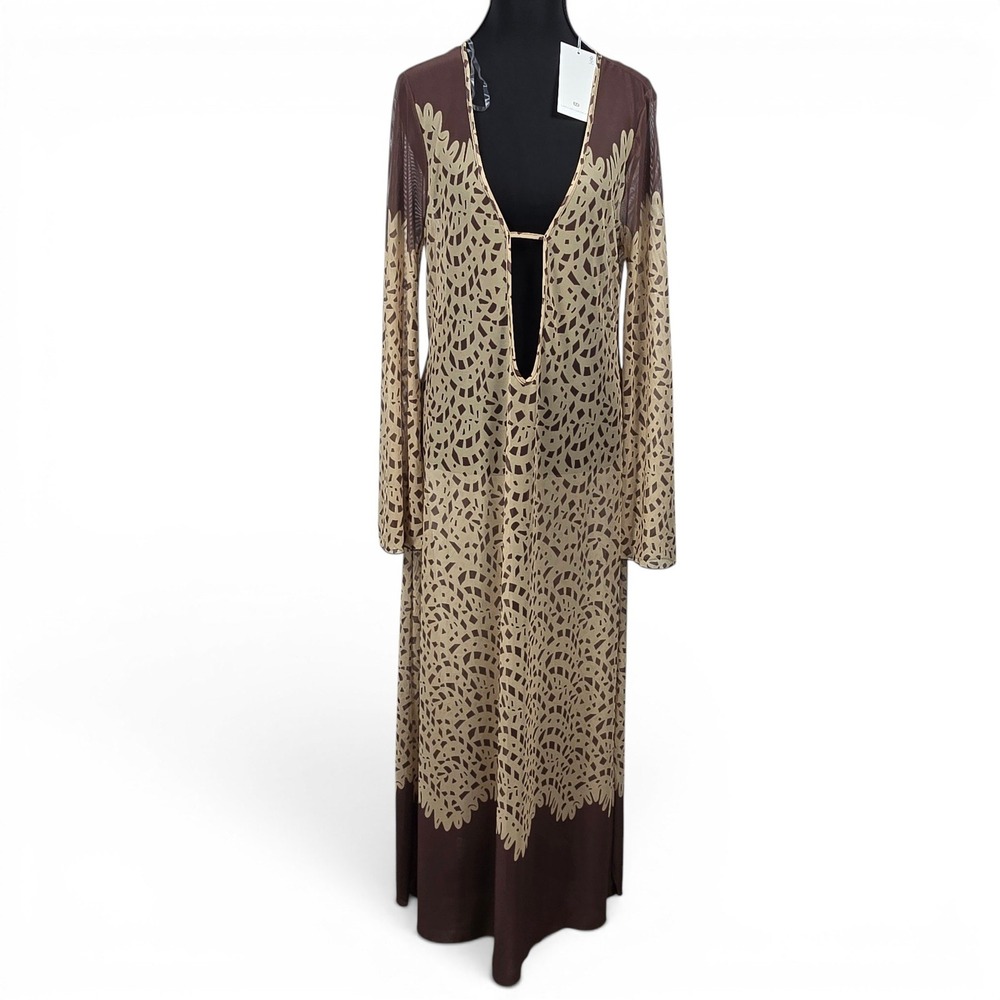 Caroline Constas Brown Tan Geometric Mesh Deep Cover Up Maxi Dress NWT Womens M